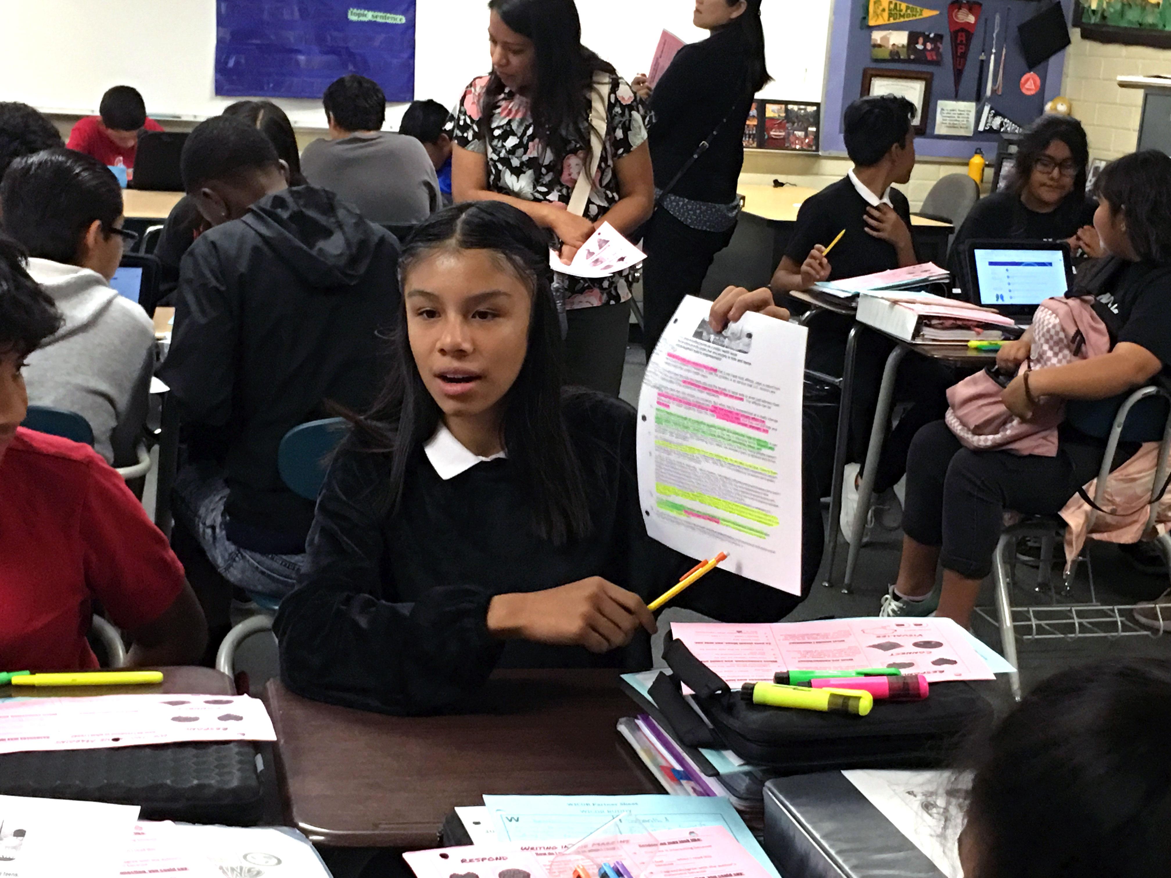 Simons Middle School - Students deploy #AVID strategies with confidence to present their work! This strategy teaches students to highlight ONLY the key words, phrases, vocabulary, and ideas that are central to understanding the reading. #proud2bePUSD #simons #avidmodelschool